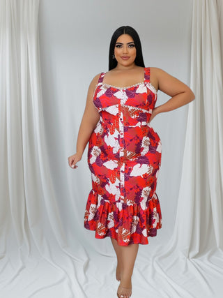 Island Muse Midi Dress — red floral print stretch midi dress with sweetheart neckline, straps, and ruffle hem — Tulley’s Boutique.