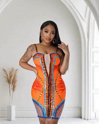 Tyla Gemstone Mini Couture Dress – orange rhinestone bandage dress with mesh panels