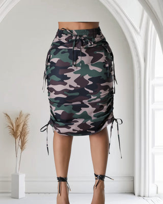 camo ruched midi skirt with drawstring and pockets