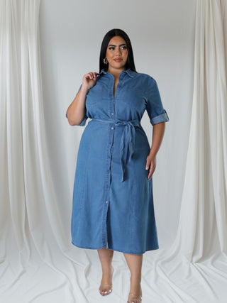 Effortless Style Plus Size Denim Midi Dress with belted waist and collar