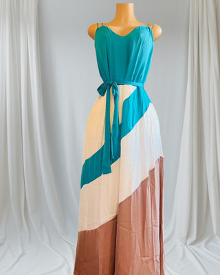 aqua and sand layered color block maxi dress with spaghetti straps and V-neckline.