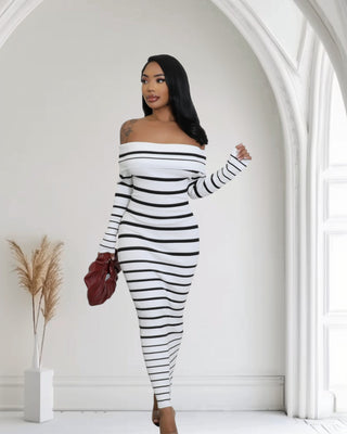 Mono Muse Off-Shoulder Sweater Dress — black and white striped ribbed knit maxi with off-shoulder neckline — Tulley’s Boutique