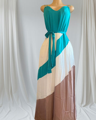 aqua and sand layered color block maxi dress with spaghetti straps and V-neckline.