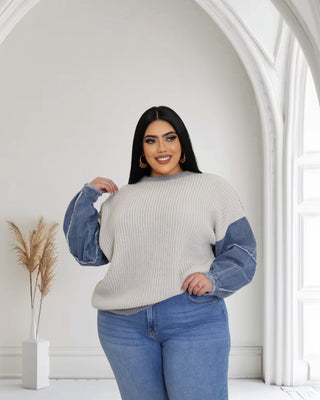 Model wearing Denim Fusion Knit Sweater – plus size gray knit top with denim sleeves