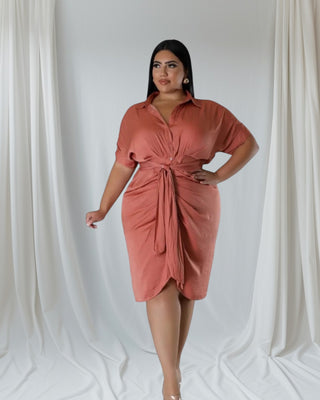 plus size terracotta wrap dress with collared neckline and adjustable waist tie — Tulley’s Boutique