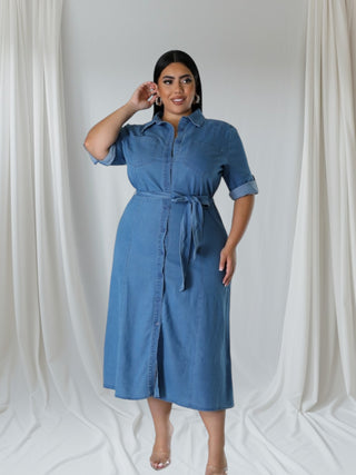 Effortless Style Plus Size Denim Midi Dress with belted waist and collar