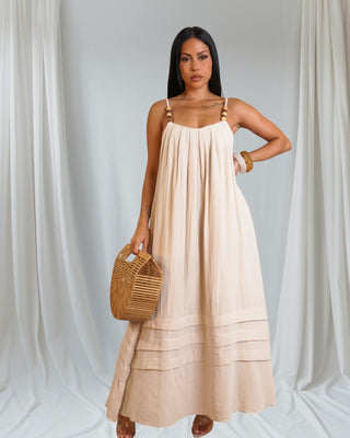 Santorini Maxi Dress — cream cotton maxi with gold hardware adjustable straps — Tulley’s Boutique.