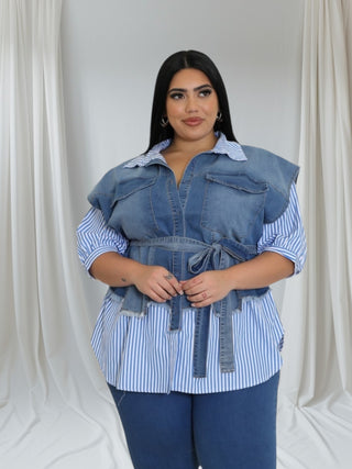 Chic Denim & Striped Shirt Combo showing striped blue pattern and denim accents