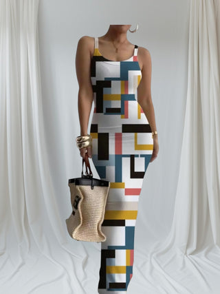 Woman wearing a colorful geometric dress holding a straw bag against a white curtain background