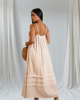 Santorini Maxi Dress — cream cotton maxi with gold hardware adjustable straps — Tulley’s Boutique.