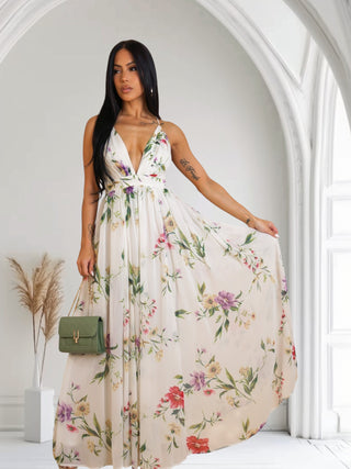 Eden Bloom Maxi Dress — floral spaghetti strap summer dress in cream with vibrant garden print — Tulley’s Boutique.