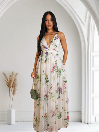 Eden Bloom Maxi Dress — floral spaghetti strap summer dress in cream with vibrant garden print — Tulley’s Boutique.