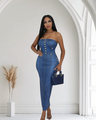 Blue Reign Denim Dress — strapless bodycon midi with gold button detail and corset seams — Tulley’s Boutique.