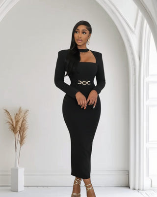 Timeless Elegant Charm Dress in black with square neckline and belted waist