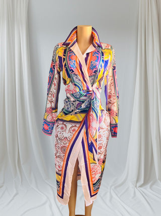 colorful long sleeve wrap maxi dress with collared neckline and tie waist.