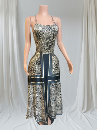 Zara Royale Maxi Dress — zebra print halter maxi with navy border — Tulley’s Boutique.