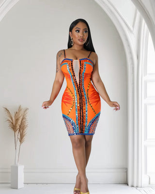 Tyla Gemstone Mini Couture Dress – orange rhinestone bandage dress with mesh panels