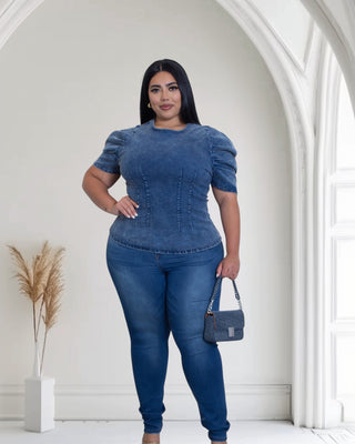 Stretch Denim Puff Sleeve Top