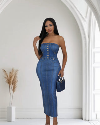 Blue Reign Denim Dress — strapless bodycon midi with gold button detail and corset seams — Tulley’s Boutique.