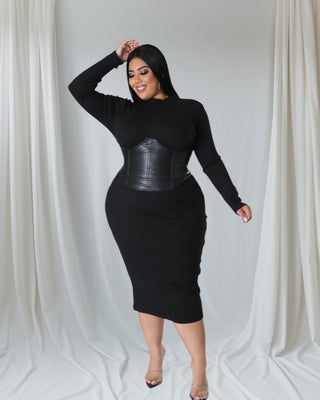 Midnight Command Ribbed Corset Dress — plus-size black ribbed long-sleeve midi dress with faux-leather corset detail — Tulley’s Boutique