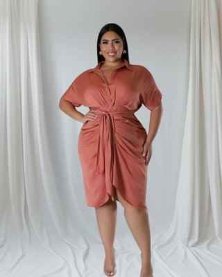plus size terracotta wrap dress with collared neckline and adjustable waist tie — Tulley’s Boutique