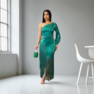 Emerald Empress One-Shoulder Fringe Dress — emerald satin gown with cascading fringe — Tulley’s Boutique