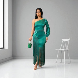 Emerald Empress One-Shoulder Fringe Dress — emerald satin gown with cascading fringe — Tulley’s Boutique