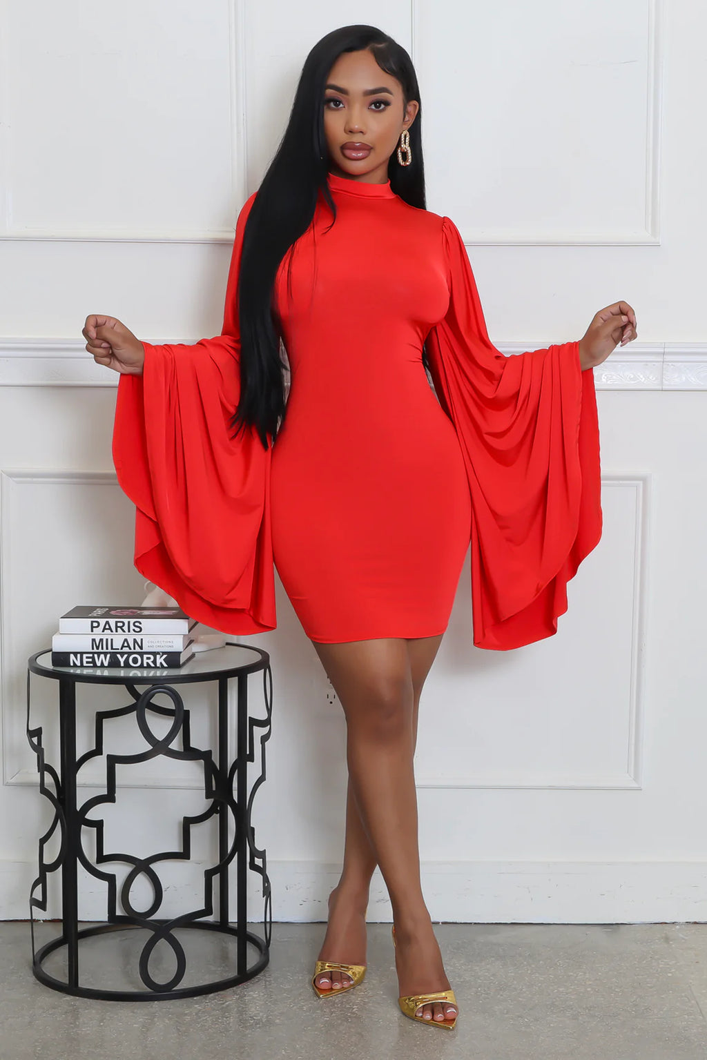 Red Sun Stretch Bell Sleeve Mini Dress