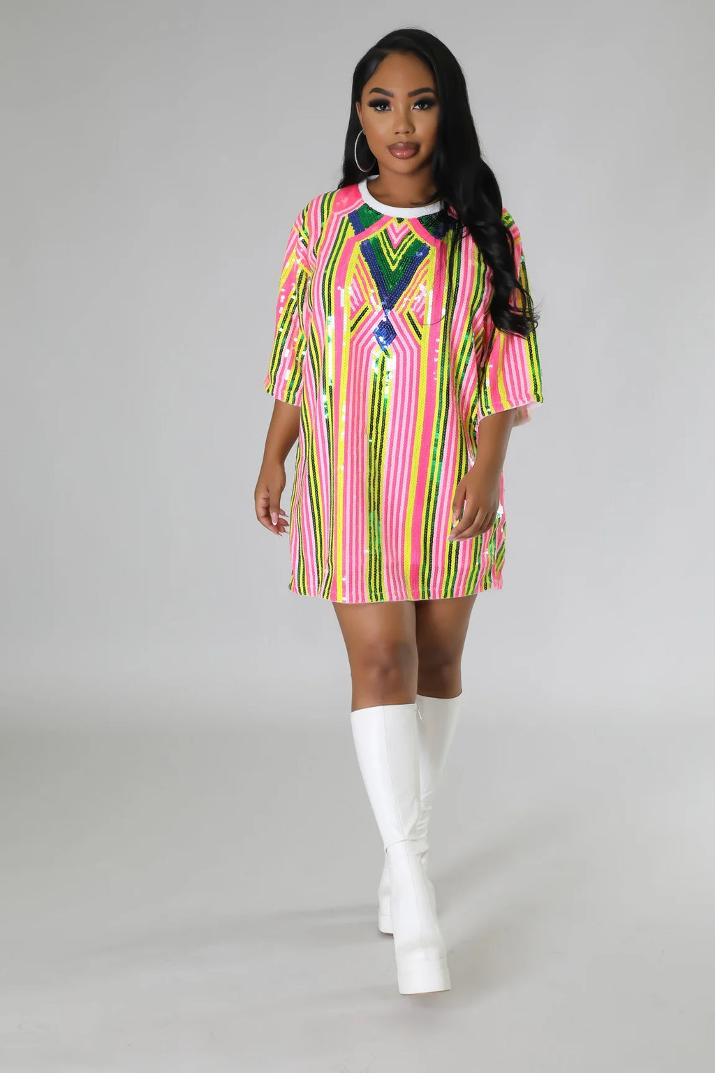 Sequin Tunic shirt Dress – Colorful Striped Short Sleeve Dress – Tulleys Boutique