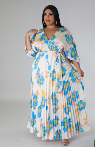 Azure Bloom Pleated Maxi Dress