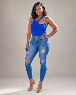 For The Love of Beauty Royal Blue Asymmetrical Bodysuit, alternate view 2