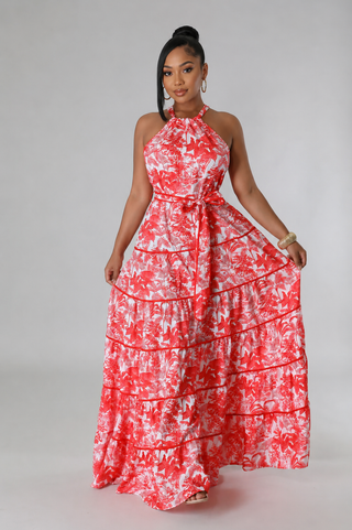 Scarlet Garden Tiered Halter Maxi Dress