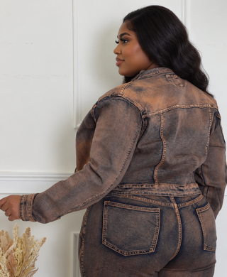 Plus Size Mocha Wash Cropped Denim Jacket
