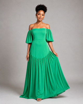 Elegant Off-Shoulder Emerald Green Maxi Dress