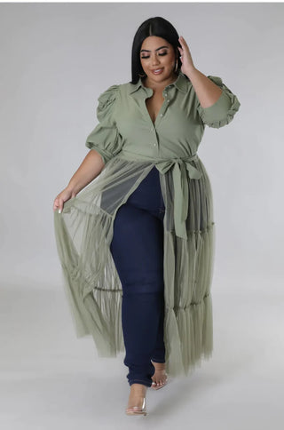 Bougie Tulle Cascade Button-Up Top