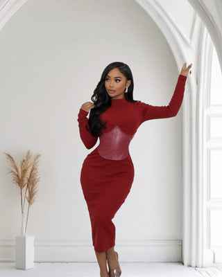 Corset Detail Stretch Midi Dress - Ruby Red
