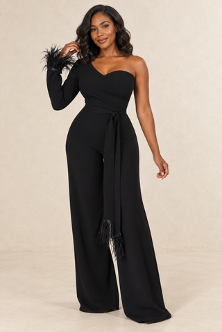 The One Shoulder Feather Trim Jumpsuit – alternate view 2