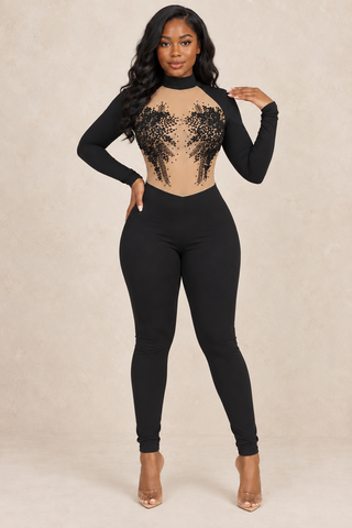 Black Lace Mesh Illusion Bodysuit Jumpsuit – alternate view 2