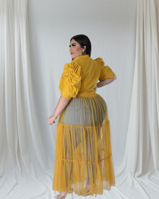 Bougie Tulle Cascade Button-Up Top