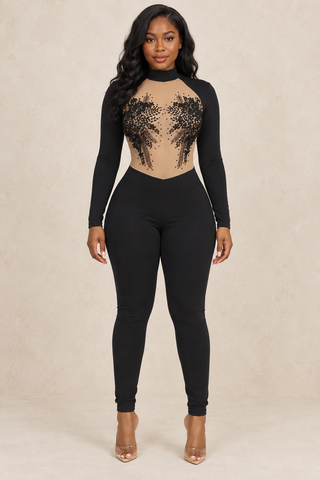 Black Lace Mesh Illusion Bodysuit Jumpsuit – alternate view 3