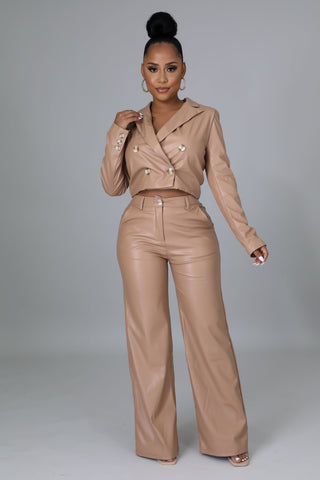 Champagne faux leather cropped blazer and wide-leg pant set 