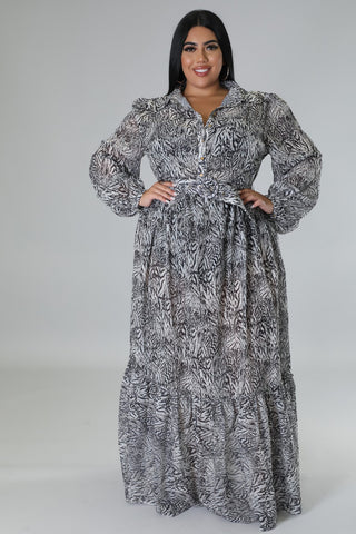 Plus Size Abstract Print Long Sleeve Maxi Dress with Belt