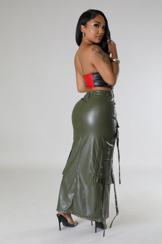 model wearing red and white faux-leather racing corset top