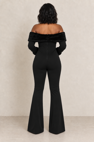 Black Off-Shoulder Fur Trim Wide-Leg Jumpsuit – alternate view 5