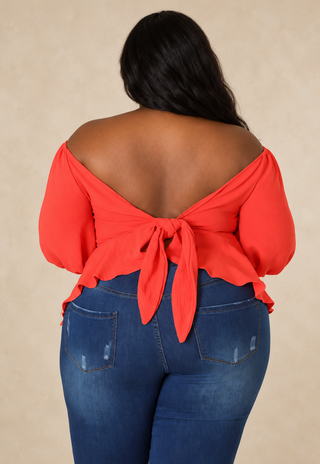 Plus Size Coral Crush Off-Shoulder Tie-Back Blouse