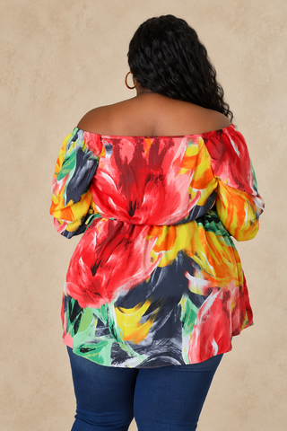 Plus Size Sunset Bloom Multicolor Floral Off-Shoulder Top