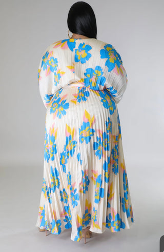 Azure Bloom Pleated Maxi Dress