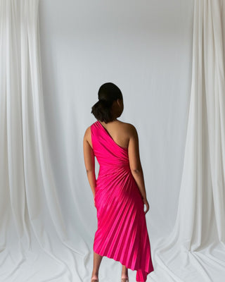 One-Shoulder Pink Pleated Maxi Dress