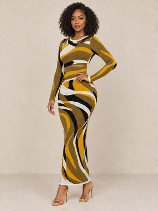 Gold Swirl Pattern Bodycon Maxi Dress