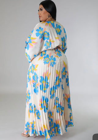 Azure Bloom Pleated Maxi Dress
